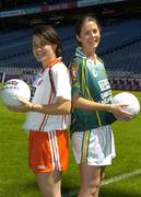 11 July 2005; Donegal's Nadine Doherty and Tyrone's Elis Gormley at the launch of the 2005 TG4 All-Ireland Ladies Football Championship. Croke Park, Dublin. Picture credit; Damien Eagers / SPORTSFILE