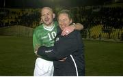 29 March 2003; Republic of Ireland manager Brian Kerr celebrates with Lee Carsley at the end of the game 2004 European Championship Qualifier, Georgia v Republic of Ireland, Lokomotiv Stadium, Tbilisi, Georgia. Picture credit; Damien Eagers / SPORTSFILE
