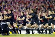 9 July 2005; New Zealand captain Tana Umaga leads his side in the &quot;Haka&quot; before the game. British and Irish Lions Tour to New Zealand 2005, 3rd Test, New Zealand v British and Irish Lions, Eden Park, Auckland, New Zealand. Picture credit; Brendan Moran / SPORTSFILE