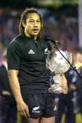 9 July 2005; New Zealand captain Tana Umaga makes a speech after receiving the DHL Lions Series Waterford Crystal trophy. British and Irish Lions Tour to New Zealand 2005, 3rd Test, New Zealand v British and Irish Lions, Eden Park, Auckland, New Zealand. Picture credit; Brendan Moran / SPORTSFILE