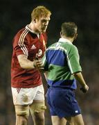 9 July 2005; Paul O'Connell, British and Irish Lions, speaks to referee Jonathan Kaplan. British and Irish Lions Tour to New Zealand 2005, 3rd Test, New Zealand v British and Irish Lions, Eden Park, Auckland, New Zealand. Picture credit; Brendan Moran / SPORTSFILE