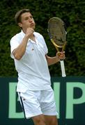 14 July 2005; Ireland's Kevin Sorensen celebrates his 2 sets to love victory over Sargis Sargsian. 2005 Davis Cup, Europe / Africa Zone, Group 3, Ireland v Armenia, Kevin Sorensen.v.Sargis Sargsian, Fitzwilliam Lawn Tennis Club, Donnybrook, Dublin. Picture credit; Brendan Moran / SPORTSFILE