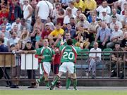 14 July 2005; George O'Callaghan, centre, Cork City, celebrates with team-mates Liam Kearney, left, and Joe Gamble after scoring his sides second goal. UEFA Cup, First Qualifying Round, First Leg, FK Ekranas v Cork City, Aukstaitija, Panevezys, Lithuania. Picture credit; Brian Lawless / SPORTSFILE