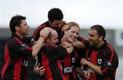 14 July 2005; Stephen Paisley, second from right, Longford Town, celebrates after scoring his sides first goal with team-mate left to right, Dean Fitzgerald, Alan Kirby, Davy Byrne and Andy Myler. UEFA Cup, First Qualifying Round, First Leg, Longford Town v Camarthen, Flancare Park, Longford. Picture credit; David Maher / SPORTSFILE