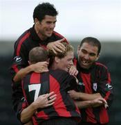 14 July 2005; Stephen Paisley, second from right, Longford Town, celebrates after scoring his sides first goal with team-mate left to right, Alan Kirby, Davy Byrne and Andy Myler. UEFA Cup, First Qualifying Round, First Leg, Longford Town v Camarthen, Flancare Park, Longford. Picture credit; David Maher / SPORTSFILE