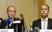 15 July 2005; Neil Hughes, left, Appointed Examiner, and Barry Lyons, Lyons Solicitors, during a Shamrock Rovers FC press conference to announce the club's examinership process. Plaza Hotel, Tallaght, Dublin. Picture credit; Matt Browne / SPORTSFILE