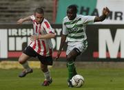 15 July 2005; Mark Rutherford, Shamrock Rovers, in action against Brian Cash, Derry City. eircom League, Premier Division, Shamrock Rovers v Derry City, Dalymount Park, Dublin. Picture credit; David Maher / SPORTSFILE