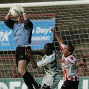 15 July 2005; Goalkeeper Barry Murphy, supported by Mark Rutherford, Shamrock Rovers, in action against Brian Cash, Derry City. eircom League, Premier Division, Shamrock Rovers v Derry City, Dalymount Park, Dublin. Picture credit; David Maher / SPORTSFILE