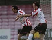 15 July 2005; Ciaran Martyn, left, Derry City, celebrates after scoring his sides first goal with team-mate Killian Brennan. eircom League, Premier Division, Shamrock Rovers v Derry City, Dalymount Park, Dublin. Picture credit; David Maher / SPORTSFILE