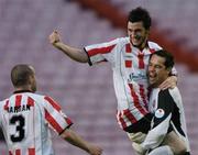 15 July 2005; Killian Brennan, Derry City, is hoisted by goalkeeper David Forde as he celebrates, with team-mate Sean Hargan, left, after scoring his side's second goal. eircom League, Premier Division, Shamrock Rovers v Derry City, Dalymount Park, Dublin. Picture credit; David Maher / SPORTSFILE