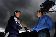 18 July 2005; Shelbourne manager Pat Fenlon, left, is interviewed by RTE's Tony O'Donoghue after a Shelbourne FC press conference ahead of their UEFA Champions League first Qualifying round, second leg game against Glentoran. Tolka Park, Dublin. Picture credit; David Maher / SPORTSFILE