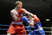 22 February 2014; Ray Moylette, left, St. Annes Boxing Club, exchanges punches with Sean Montgomery, Canal Boxing Club, during their 64kg bout. National Senior Boxing Championships, First Round, National Stadium, Dublin. Picture credit: Barry Cregg / SPORTSFILE