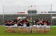 22 February 2014; The Scoil na Trionoide Naofa team stand together during the playing of the national anthem. Dr. Harty Cup Final, Scoil na Trionoide Naofa, Doon v Ard Scoil Ris, Limerick. Gaelic Grounds, Limerick. Picture credit: Diarmuid Greene / SPORTSFILE