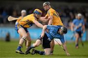 23 February 2014; David O'Callaghan, Dublin, in action against Seadna Morey, left, and Shane Golden, Clare. Allianz Hurling League, Division 1A, Round 2, Dublin v Clare, Parnell Park, Dublin. Picture credit: Stephen McCarthy / SPORTSFILE