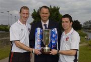 15 July 2005; Longford Town manager Alan Mathews, centre, with Derry City players Stephen O'Flynn, left, and Eddie McCallion, after they were drawn against each-other. The 2005 eircom League Cup Semi-Final Draw. Porterhouse North, Glasnevin, Dublin. Picture credit; Brian Lawless / SPORTSFILE