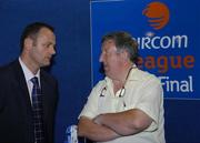 15 July 2005; Longford Town manager Alan Mathews, left, in conversation with Shelbourne general secretary Ollie Byrne prior to the 2005 eircom League Cup Semi-Final Draw. Porterhouse North, Glasnevin, Dublin. Picture credit; Brian Lawless / SPORTSFILE