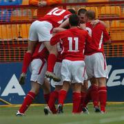 20 July 2005; Owen Heary, Shelbourne, celebrates after scoring his sides first goal with team-mates, left to right, Jason Byrne, Wesley Hoolahan, Colin Hawkins and Glen Crowe. UEFA Champions League, First Qualifying Round, Second Leg, Shelbourne v Glentoran, Tolka Park, Dublin. Picture credit; David Maher / SPORTSFILE