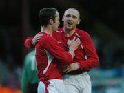 20 July 2005; Glen Crowe, Shelbourne, celebrates after scoring his sides third goal with team-mate Ollie Cahill, left. UEFA Champions League, First Qualifying Round, Second Leg, Shelbourne v Glentoran, Tolka Park, Dublin. Picture credit; David Maher / SPORTSFILE