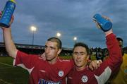 20 July 2005; Owen Heary celebrates with his Shelbourne team-mate Richie Baker, right, at the end of the game. UEFA Champions League, First Qualifying Round, Second Leg, Shelbourne v Glentoran, Tolka Park, Dublin. Picture credit; David Maher / SPORTSFILE