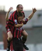 22 July 2005; Dominic Foley, Bohemians, carries team-mate Tony Grant as they celebrate his first goal. eircom League, Premier Division, Bohemians v Drogheda United, Dalymount Park, Dublin. Picture credit; David Maher / SPORTSFILE