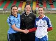 23 February 2014; Sinead Goldrick, Dublin captain, left, and Sharon Courtney, Monaghan captain, with referee Maggie Farrelly. Tesco HomeGrown Ladies Football National League Division 1, Monaghan v Dublin, Inniskeen, Co. Monaghan. Picture credit: Oliver McVeigh / SPORTSFILE