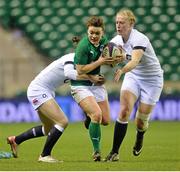 22 February 2014; Lynne Cantwell, Ireland, is tackled by Lydia Thompson, left, and Marlie Packer, England. RBS Women's Six Nations Rugby Championship 2014, England v Ireland. Twickenham Stadium, Twickenham, London, England. Picture credit: Brendan Moran / SPORTSFILE