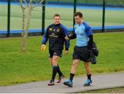 24 February 2014; Leinster's Jimmy Gopperth, left, and Zane Kirchner arrive for squad training ahead of their Celtic League 2013/14, Round 16, game against Glasgow Warriors on Saturday. Leinster Rugby Squad Training and Media Briefing, Thornfields, UCD, Belfield, Dublin. Picture credit: Piaras Ó Mídheach / SPORTSFILE