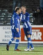 24 February 2014; Coleraine's Gary Browne is congratulated by team-mate Aaron Canning, left, after scoring his side's first goal. Setanta Sports Cup, Quarter-Final, 1st leg, Dundalk v Coleraine, Oriel Park, Dundalk, Co. Louth. Photo by Sportsfile