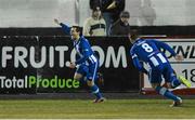 24 February 2014; Coleraine's David McDaid, left, celebrates with team-mate Stephen Lowry after scoring his side's second goal. Setanta Sports Cup, Quarter-Final, 1st leg, Dundalk v Coleraine, Oriel Park, Dundalk, Co. Louth. Photo by Sportsfile