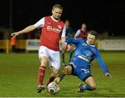 24 February 2014; Conan Byrne, St Patrick's Athletic, in action against Lee Martin, Ballinamallard United. Setanta Sports Cup, Quarter-Final, 1st leg, Ballinamallard United v St Patrick's Athletic, Ferney Park, Ballinamallard, Co. Fermanagh. Picture credit: Oliver McVeigh / SPORTSFILE