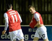24 February 2014; St Patrick's Athletic's Chris Forrester, right, celebrates with team-mate  Killian Brennan after scoring his side's first goal. Setanta Sports Cup, Quarter-Final, 1st leg, Ballinamallard United v St Patrick's Athletic, Ferney Park, Ballinamallard, Co. Fermanagh. Picture credit: Oliver McVeigh / SPORTSFILE