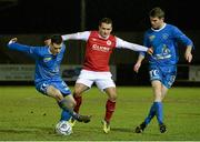 24 February 2014; Stuart Hutchinson and Steve Feeney, Ballinamallard United, in action against Christy Fagan, St Patrick's Athletic. Setanta Sports Cup, Quarter-Final, 1st leg, Ballinamallard United v St Patrick's Athletic, Ferney Park, Ballinamallard, Co. Fermanagh. Picture credit: Oliver McVeigh / SPORTSFILE
