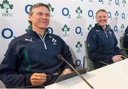 25 February 2014; Ireland head coach Joe Schmidt and assistant coach Les Kiss, left, in jovial mood with journalists before a press conference ahead of their RBS Six Nations Rugby Championship match against Italy on Saturday the 8th of March. Ireland Rugby Press Conference, Aviva Stadium, Lansdowne Road, Dublin. Picture credit: Pat Murphy / SPORTSFILE