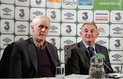 25 February 2014; Republic of Ireland Under 21 manager Noel King and assistant manager Harry McCue, left, during a squad announcement ahead of their UEFA Under 21 Championship Qualifier against Montenegro on Wednesday the 5th of March. Republic of Ireland Under 21 Squad Announcement, Portmarnock Hotel & Golf Links, Portmarnock, Co. Dublin. Photo by Sportsfile