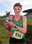 25 February 2014; James Fallon, Calasanctius Oranamore, Galway, with the trophy after winning the Senior Boys 6000m race during the Aviva Connacht Schools Cross Country Championships. Sligo Race Course, Sligo. Picture credit: Barry Cregg / SPORTSFILE