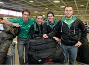 25 February 2014; Team Ireland's athletes, from left, Jan Rossiter, Conor Lyne, Seamus O'Connor, and Sean Greenwood, pictured on their return from the Sochi 2014 Winter Olympic Games in Russia. Dublin Airport, Dublin. Photo by Sportsfile