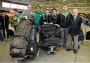 25 February 2014; Team Ireland's athletes, from left, Jan Rossiter, Conor Lyne, Seamus O'Connor, and Sean Greenwood, pictured with Martin Burke, left, Sports Director OCI, and Dermot Sherlock, right, Secetary General OCI, on their return from the Sochi 2014 Winter Olympic Games in Russia. Dublin Airport, Dublin. Photo by Sportsfile