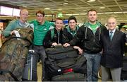 25 February 2014; Team Ireland's athletes, from left, Jan Rossiter, Conor Lyne, Seamus O'Connor, and Sean Greenwood, pictured with Martin Burke, left, Sports Director OCI, and Dermot Sherlock, right, Secetary General OCI, on their return from the Sochi 2014 Winter Olympic Games in Russia. Dublin Airport, Dublin. Photo by Sportsfile