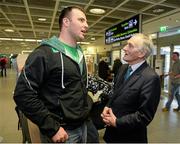 25 February 2014; Team Ireland's Sean Greenwood, pictured with Dermot Sherlock, right, Secetary General OCI, on his return from the Sochi 2014 Winter Olympic Games in Russia. Dublin Airport, Dublin. Photo by Sportsfile