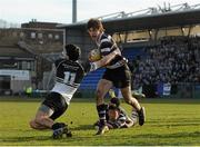 25 February 2014; Josh Strahan, Terenure College, is tackled by Kevin Kyne, Newbridge College. Beauchamps Leinster Schools Junior Cup, Quarter-Final, Newbridge College v Terenure College, Donnybrook Stadium, Donnybrook, Dublin. Picture credit: Piaras Ó Mídheach / SPORTSFILE