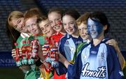 19 July 2005; Coca-Cola today celebrated their long-standing association with Féile na nGael, by offering fans the chance to have bottles of Coke sleeved with the colours of their favourite GAA county team while attending games in Croke Park during July, August and September. At the photocall are young GAA fans, l to r; Nichole Harris, Mayo, Patrick O'Neill, Meath, Connor O'Riordan, Kerry, Ciara Murphy, Cork, Lucy Mortell, Dublin, Eoin O'Riordan, Kerry and Emily Mortell, Dublin. Croke Park, Dublin. Picture credit; Ray McManus / SPORTSFILE