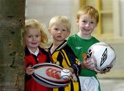 19 July 2005; Hannah Walsh, age 3, from Swords, Jack Ryan, centre, age 3, from Kilkenny, and John Mitchell, age 6, from Meath, at the announcement that Ireland's 8th National Coaching Forum, which is coordinated by the National Coaching and Training Centre (NCTC), in association with Lucozade Sport, will take place in Limerick from 2-4 September. Kildare Street, Dublin. Picture credit; Brian Lawless / SPORTSFILE