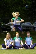 21 July 2005; The Irish team for the 23rd World University Games in Izmir, Turkey, which take place from August 11-21, was officially announced today at an event in Trinity College, Dublin. At a photocall after the announcement are, from left to right sitting, Jolene Byrne, Institiute of Chartered Accountants, 5k/10k, Fiona Friel, UCD, 100m and 400m relay, and Joanne Cuddihy, UCD, 400m, with Derval O'Rourke, UCD, 100m relay and 100m hurdles. Picture credit; Brian Lawless / SPORTSFILE