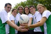 21 July 2005; The Irish team for the 23rd World University Games in Izmir, Turkey, which take place from August 11-21, was officially announced today at an event in Trinity College, Dublin. At a photocall after the announcement are members of the men's and women's soccer teams, from left to right, Darren Dempsey, Trinity College Dublin, Emma Dunne, Ben Spicer, University of Limerick, Aisling Toolan, Trinity College Dublin, Sean Purcell, Sligo IT, and Rachel Jenkins, Dublin IT. Picture credit; Brian Lawless / SPORTSFILE