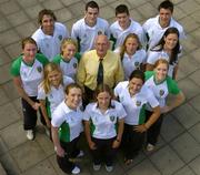 21 July 2005; The Irish team for the 23rd World University Games in Izmir, Turkey, which take place from August 11-21, was officially announced today at an event in Trinity College, Dublin. At a photocall after the announcement are Chef de Mission for the Games Mickey Whelan of DCU, centre, back row left to right, members of the men's soccer team Ben Spicer, Darren Dempsey, and Sean Purcell, with swimmer Barry Murphy, middle row, Joanne Cuddihy, 400m, Derval O'Rourke, 100m Relay and 100m hurdles, Rachel Jenkins, women's soccer, and Aisling Toolan, women's soccer, front row, Jolene Byrne 5k/10k, Susanna Murphy, 200m Individual Medley, Ciara Peelo, sailing, Emma Dunne, women's soccer, and Fiona O'Friel, 100m and 400m relay. Picture credit; Brian Lawless / SPORTSFILE