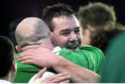 19 February 2000; Ireland's Anthony Foley, right, celebrates victory with team-mate Keith Wood. Six Nations Rugby International, Ireland v Scotland, Lansdowne Road, Dublin. Picture credit: Brendan Moran / SPORTSFILE
