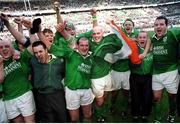 19 March 2000; Ireland players, from left, Keith Wood, Mike Mullins, Simon Easterby, Paddy Johns, John Hayes, Demis Hickie, Frank Sheahan and Anthony Foley celebrate after victory over France. Six Nations Rugby International, France v Ireland, Stade de France, Paris, France. Picture credit: Ray Lohan / SPORTSFILE