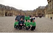 17 March 2000; Ahead of their Six Nations game against France tomorrow are, Ireland players, back row from left, Denis Hickie,Trevor Brennan, Paddy Johns, Simon Easterby. Front row from left,  Guy Easterby, Justin Fitzpatrick, Frank Sheahan and Kieron Dawson, pictured in front of the Chateau of Versailes, the former hunting lodge of King Louis XIII, France. Picture credit: Matt Browne / SPORTSFILE