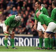 5 February 2000; Ireland players, from left, Mike Mullins, Keith Wood (2), Conor O'Shea and David Humphreys (extreme left) await a try conversion by England. Six Nations Rugby International, England v Ireland, Twickenham, London, England. Picture credit: Brendan Moran / SPORTSFILE