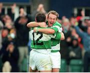 19 November 2000; Ireland's Denis Hickie celebrates with team-mate Rob Henderson, 12, after scoring a try. International friendly, Ireland v South Africa, Lansdowne Road, Dublin. Picture credit: Matt Browne / SPORTSFILE